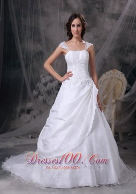 Custom Made White A-line Square Low Cost Wedding Dress Satin and Organza Embriodery Court Train